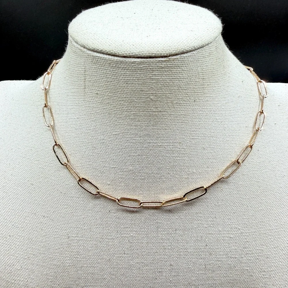 Rose Gold Tone Paperclip Chain Necklace Toggle Clasp Minimalist Modern Jewelry